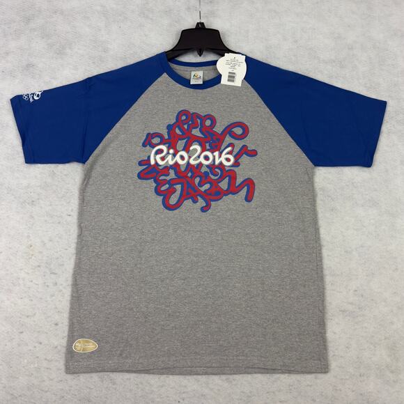Rio 2016 Olympic T-Shirt NWT Raglan Gray Blue Size L Official Event Tee - Picture 6 of 11